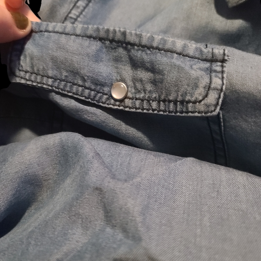 Cato Large Tencel denim colored button down pearl snap shirt